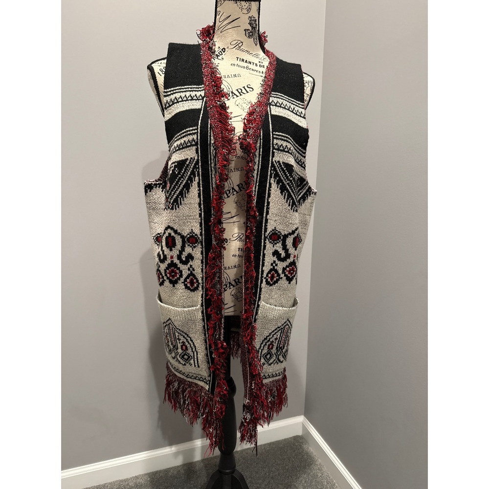 Roommates Boho Tribal Print Fringe Knit Vest Cardigan Women's Large Open‎ Front